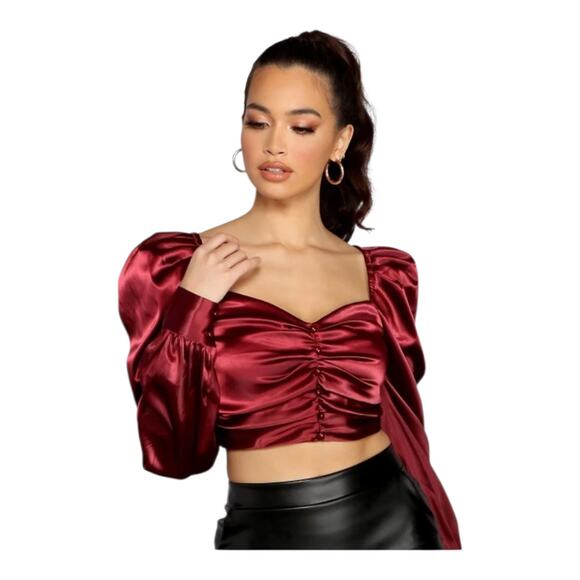 Windsor Women's size Small Falling For You Puff Sleeve Satin Romantic Crop Top - Picture 12 of 13